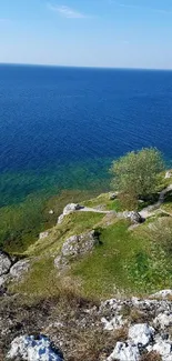 Cliffside view overlooking blue ocean and green landscape.