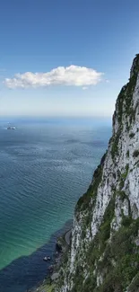 Cliffside view of ocean under a clear blue sky.