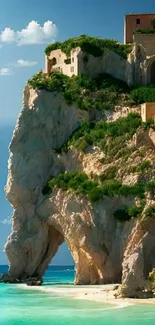 Cliffside overlooking turquoise ocean with lush green vegetation.