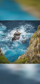 Breathtaking ocean view from rocky cliffs with vibrant blue waves.