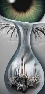 Artistic mobile wallpaper featuring climate grief and industrial imagery.