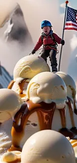 Climber atop an ice cream mountain with flag.