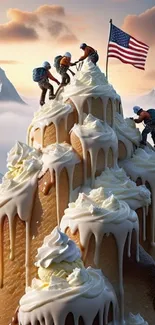 Climbers scale cake mountain with frosting peaks.
