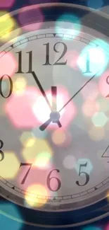 Clock on a mobile wallpaper with colorful bokeh lights.