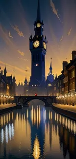 A scenic night view of a city with a clock tower, reflecting in a canal.