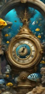 Underwater scene with ornate clock and vibrant fish.