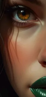 Artistic close-up portrait with green lips and detailed features.