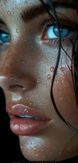 Close-up portrait with blue eyes and water droplets on skin.