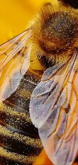 Close-up of a bee with wings on a bright yellow background.