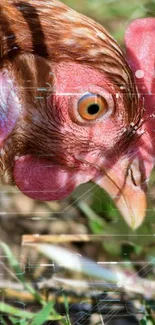 Close-up of a chicken with vibrant feathers and natural background.