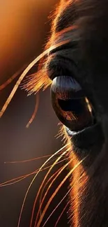 Close-up of a horse's eye reflecting sunlight.