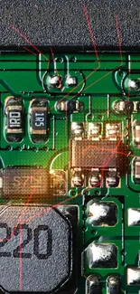 Close-up view of a green circuit board with electronic components.