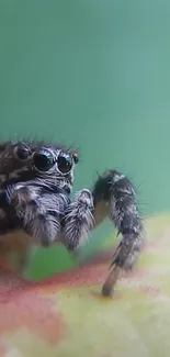 Close-up of a jumping spider on a green leaf background, perfect for mobile wallpaper.