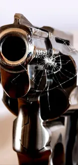 Close-up view of a shiny metallic revolver against a blurred background.