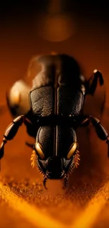 Macro close-up of a black ant on an orange background.