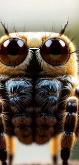 Close-up macro image of a furry insect with striking details and vibrant colors.