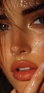 Close-up of a woman with shimmering skin and expressive features.