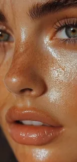 Close-up portrait of a woman with glossy, freckled skin.