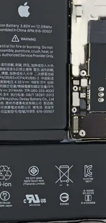 Close-up of smartphone battery revealing internal components.