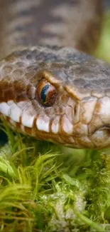 Detailed close-up of a snake on green moss.