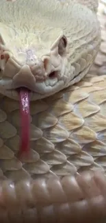 Close-up of a beige snake with detailed scales and a visible tongue.