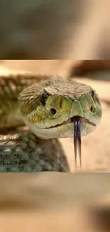 Close-up of snake with scales and forked tongue.