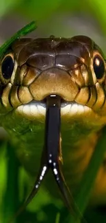 Close-up of a snake amidst green leaves, showcasing intricate details and vibrant colors.