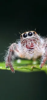 Close-up of a spider sitting on a green leaf in a natural setting.