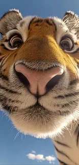 Close-up view of a tiger's face against a vibrant blue sky.