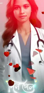 Female doctor with heart-themed red wallpaper and stethoscope.