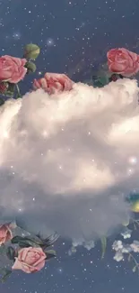 A fluffy cloud surrounded by pink roses against a starry galaxy background.