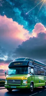 Futuristic green bus under a vivid starry sky with colorful clouds.