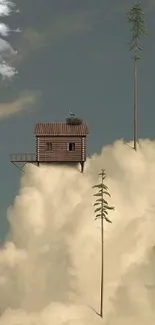 Dreamy cabin perched among billowy clouds and tall trees.