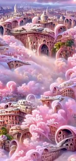 A surreal cityscape enveloped in pink, fluffy clouds creating a dreamlike atmosphere.