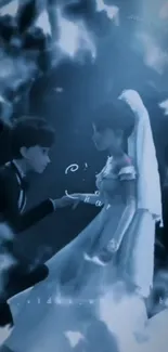 Romantic anime couple in wedding attire under glowing lights.