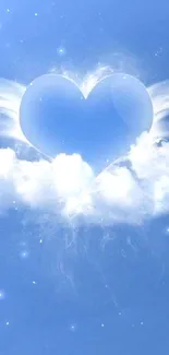 Heart and wings on a cloud with a bright blue sky background.