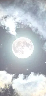 Full moon surrounded by clouds and stars.