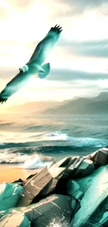 Majestic eagle soaring over a teal-toned ocean landscape with rocky cliffs.