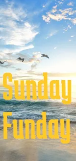 Sunny beach with seagulls and Sunday Funday text.