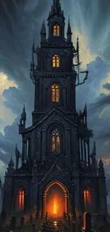 Gothic church under a stormy sky with lightning.