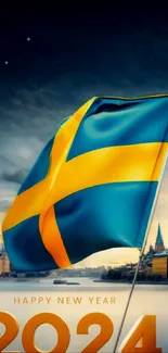 Swedish flag waving over cityscape with 'Happy New Year 2024' text.