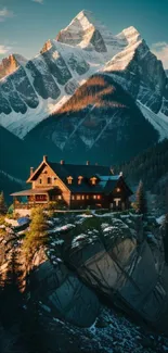 Cabin on cliff with snow-covered mountains at sunset.