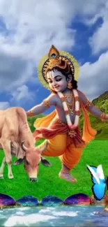 Lord Krishna with cow under blue sky.