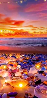 Vibrant sunset beach scene with glowing stones and ocean waves.