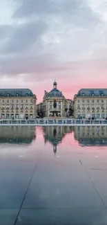 Bordeaux architecture reflected in water at sunset with pink skies.