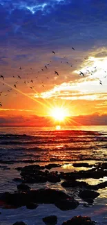 Sunset over ocean with birds and vibrant sky.