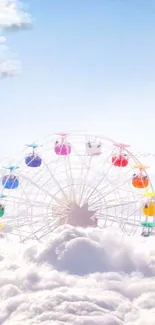 Vibrant Ferris wheel floats among clouds in a serene sky.