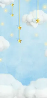 Mobile wallpaper with clouds and stars on a light blue background.