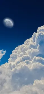 Mobile wallpaper of clouds with moon in deep blue sky.