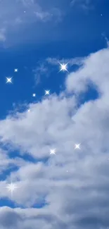 Blue sky with white clouds and twinkling stars.